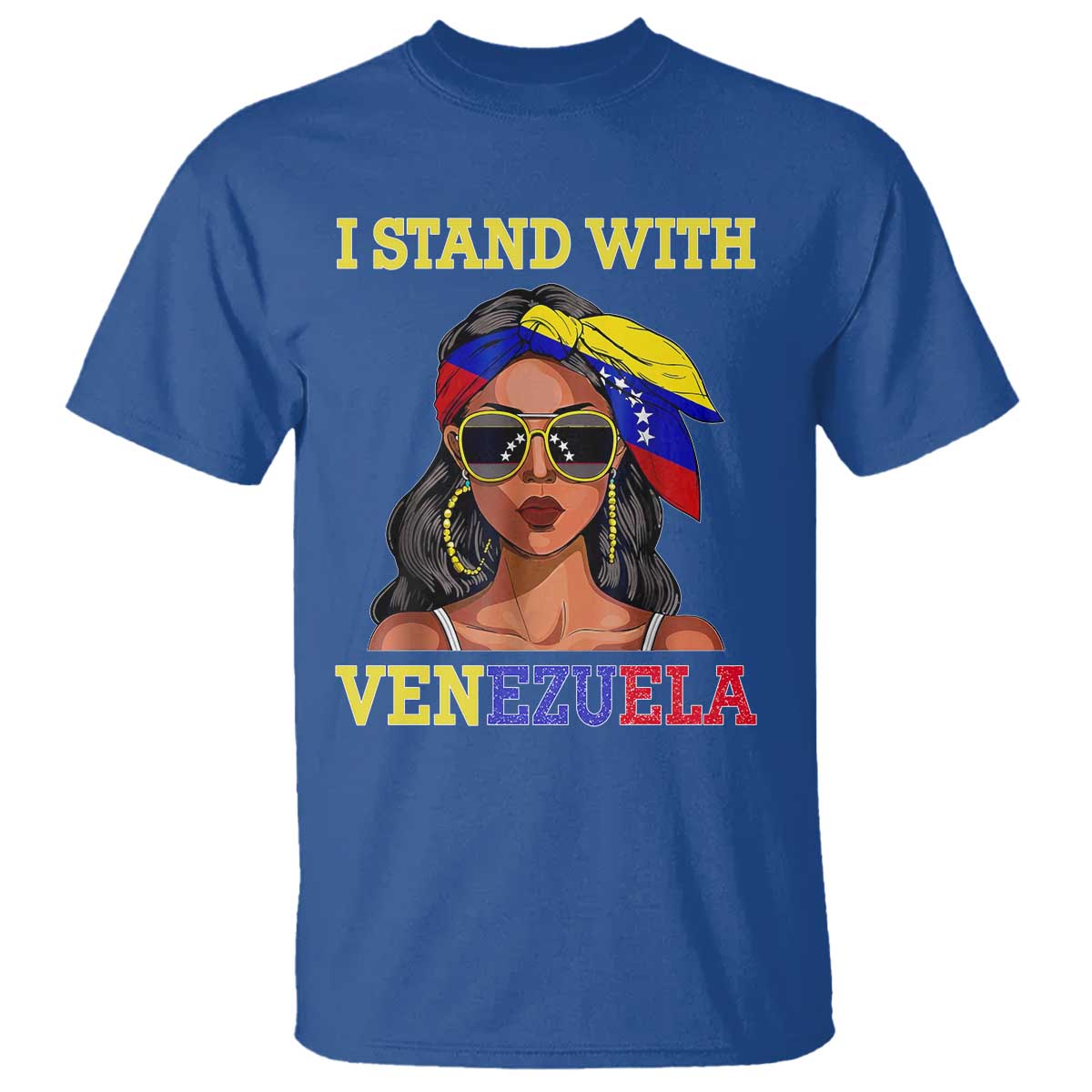 Stand With Venezuela Patriotic T Shirt Venezuelan Flag Empowering Afro Latina Messy Bun Bandana TS02 Royal Blue Print Your Wear