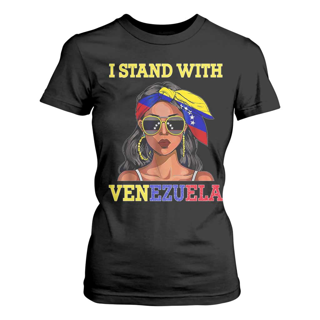 Stand With Venezuela Patriotic T Shirt For Women Venezuelan Flag Empowering Afro Latina Messy Bun Bandana TS02 Black Print Your Wear