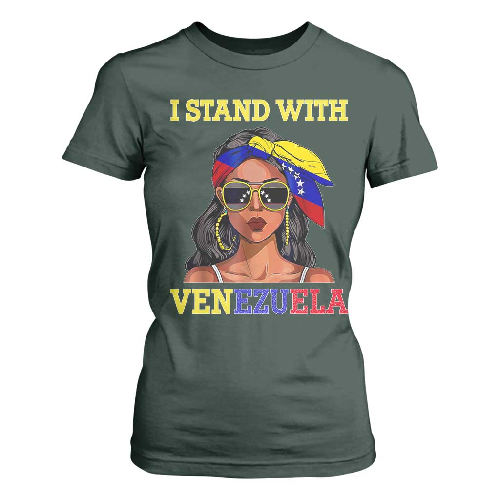 Stand With Venezuela Patriotic T Shirt For Women Venezuelan Flag Empowering Afro Latina Messy Bun Bandana TS02 Dark Forest Green Print Your Wear