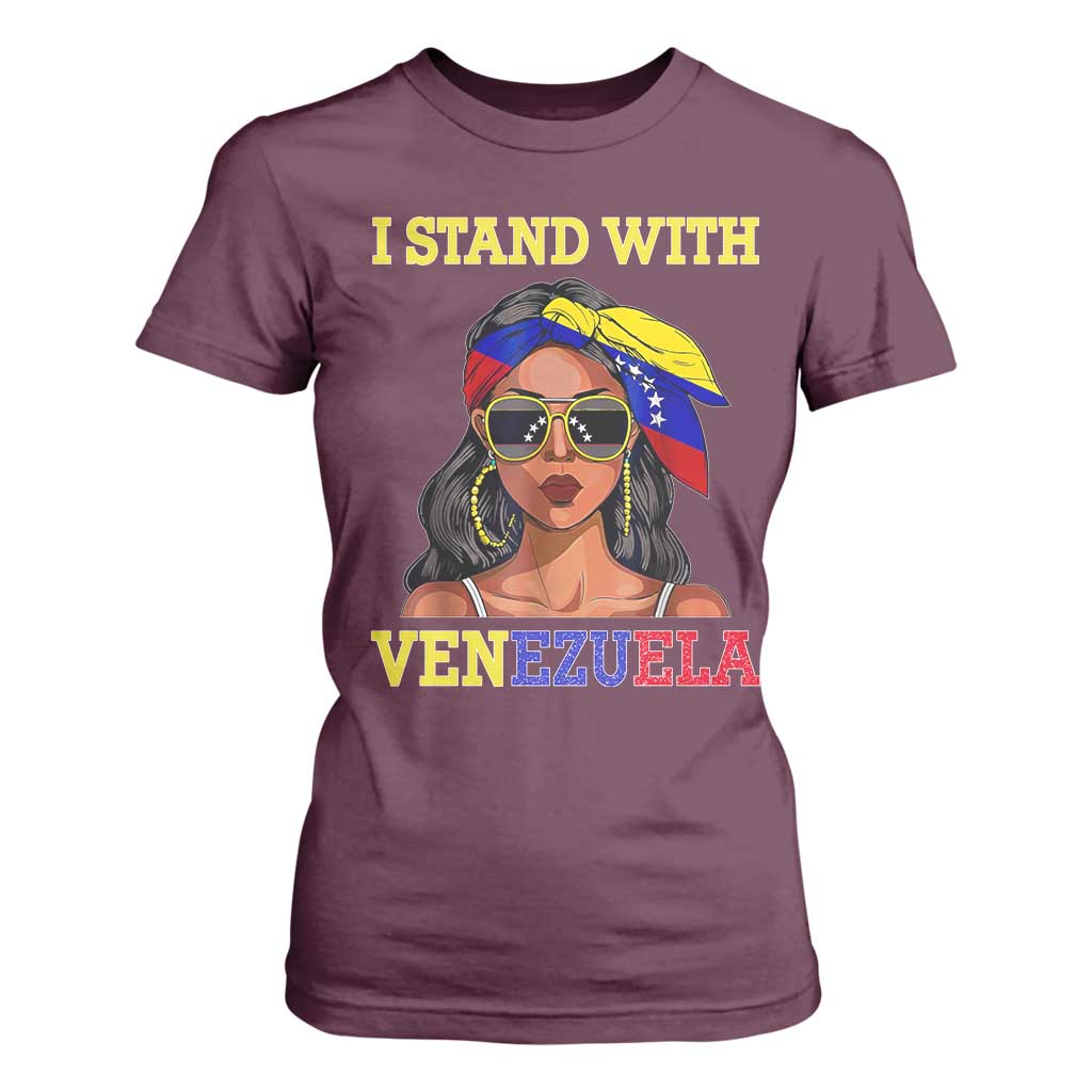 Stand With Venezuela Patriotic T Shirt For Women Venezuelan Flag Empowering Afro Latina Messy Bun Bandana TS02 Maroon Print Your Wear