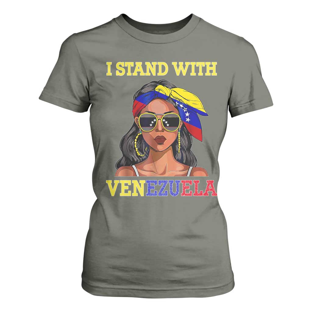 Stand With Venezuela Patriotic T Shirt For Women Venezuelan Flag Empowering Afro Latina Messy Bun Bandana TS02 Military Green Print Your Wear