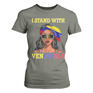 Stand With Venezuela Patriotic T Shirt For Women Venezuelan Flag Empowering Afro Latina Messy Bun Bandana TS02 Military Green Print Your Wear