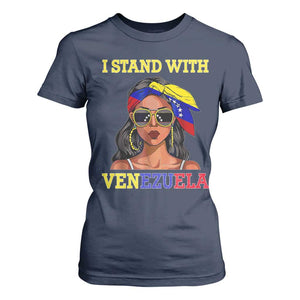 Stand With Venezuela Patriotic T Shirt For Women Venezuelan Flag Empowering Afro Latina Messy Bun Bandana TS02 Navy Print Your Wear