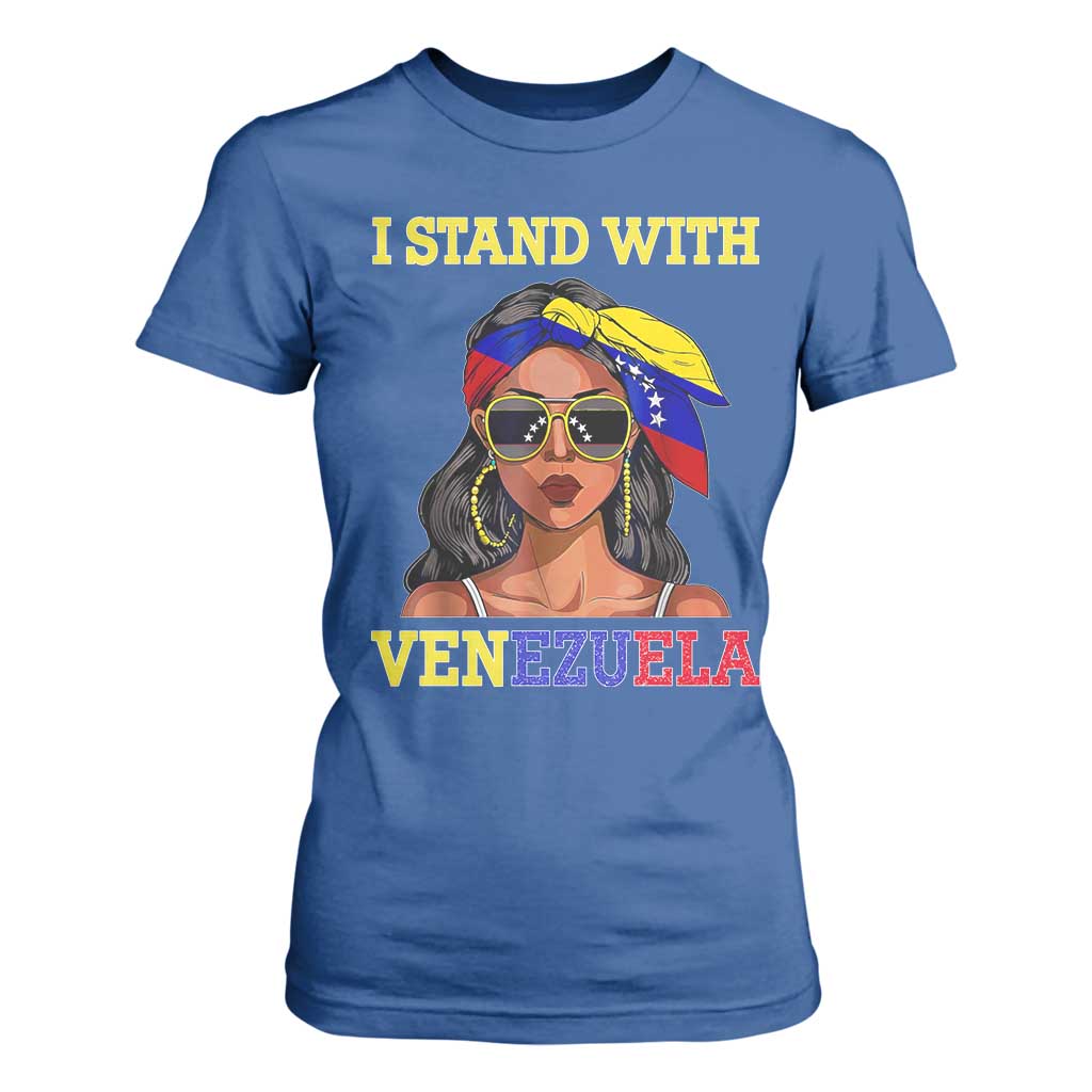 Stand With Venezuela Patriotic T Shirt For Women Venezuelan Flag Empowering Afro Latina Messy Bun Bandana TS02 Royal Blue Print Your Wear