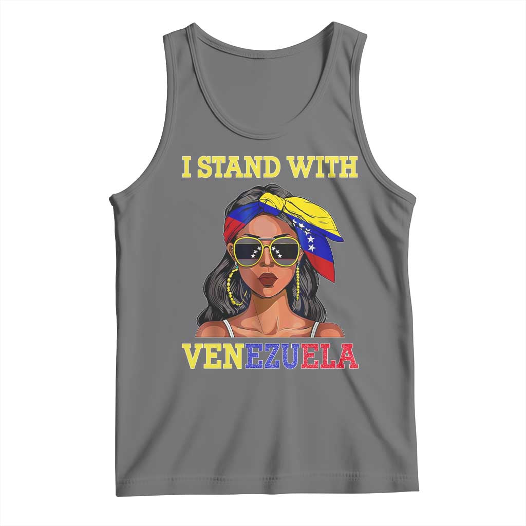 Stand With Venezuela Patriotic Tank Top Venezuelan Flag Empowering Afro Latina Messy Bun Bandana TS02 Black Heather Print Your Wear