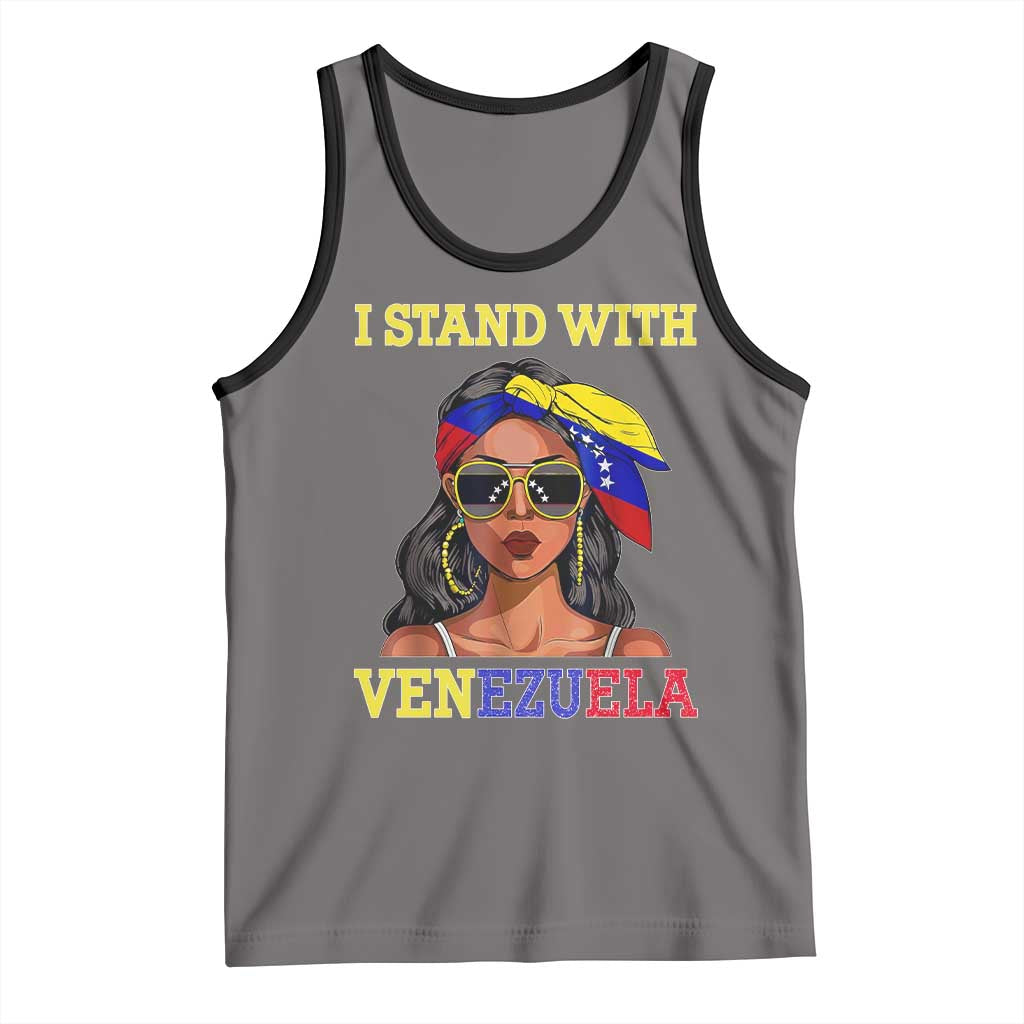 Stand With Venezuela Patriotic Tank Top Venezuelan Flag Empowering Afro Latina Messy Bun Bandana TS02 Deep Heather Black Print Your Wear