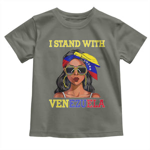 Stand With Venezuela Patriotic Toddler T Shirt Venezuelan Flag Empowering Afro Latina Messy Bun Bandana TS02 Military Green Print Your Wear