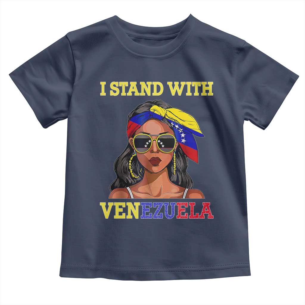 Stand With Venezuela Patriotic Toddler T Shirt Venezuelan Flag Empowering Afro Latina Messy Bun Bandana TS02 Navy Print Your Wear