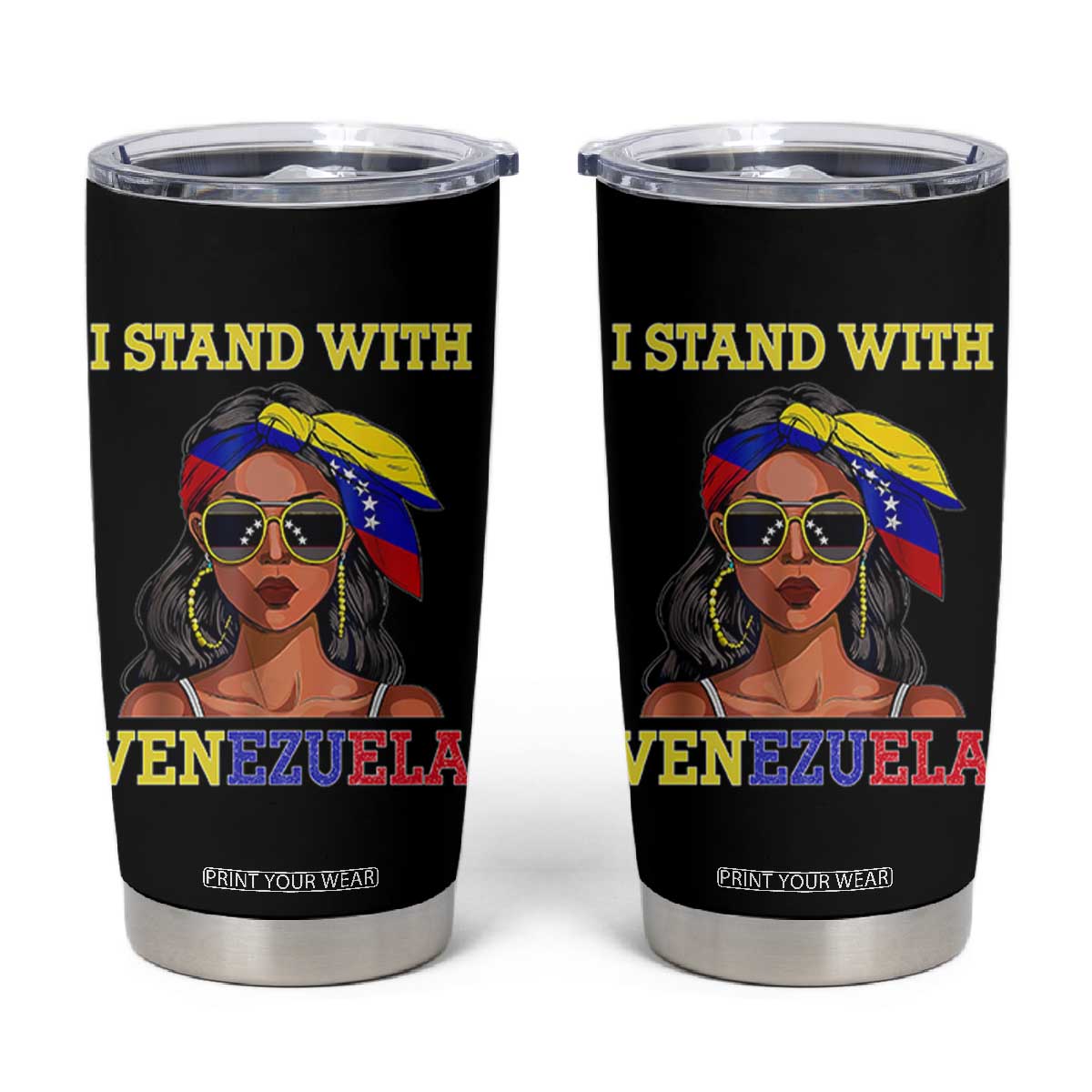 Stand With Venezuela Patriotic Tumbler Cup Venezuelan Flag Empowering Afro Latina Messy Bun Bandana TS02 Black Print Your Wear