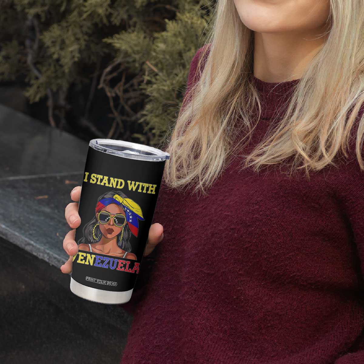 Stand With Venezuela Patriotic Tumbler Cup Venezuelan Flag Empowering Afro Latina Messy Bun Bandana TS02 Print Your Wear