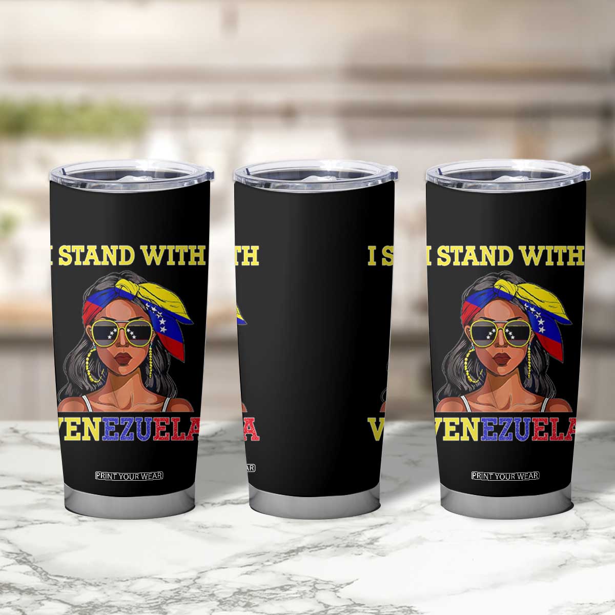 Stand With Venezuela Patriotic Tumbler Cup Venezuelan Flag Empowering Afro Latina Messy Bun Bandana TS02 Print Your Wear