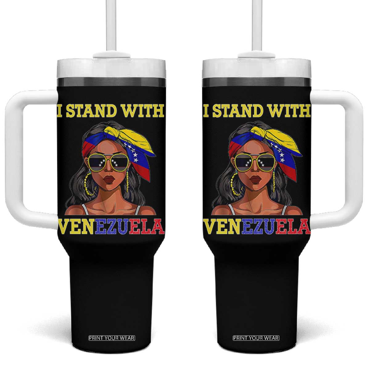 Stand With Venezuela Patriotic Tumbler With Handle Venezuelan Flag Empowering Afro Latina Messy Bun Bandana TS02 One Size: 40 oz Black Print Your Wear