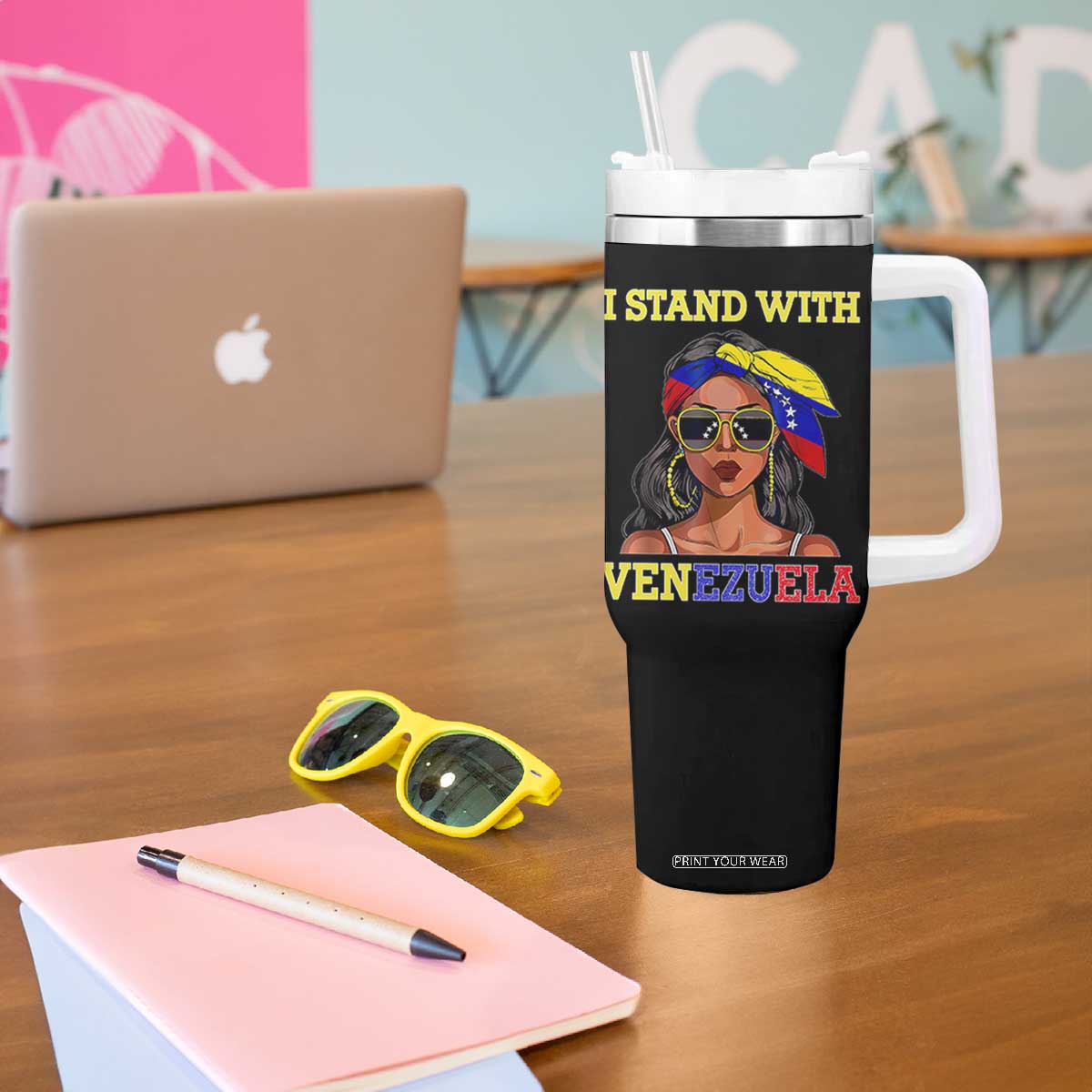 Stand With Venezuela Patriotic Tumbler With Handle Venezuelan Flag Empowering Afro Latina Messy Bun Bandana TS02 Print Your Wear
