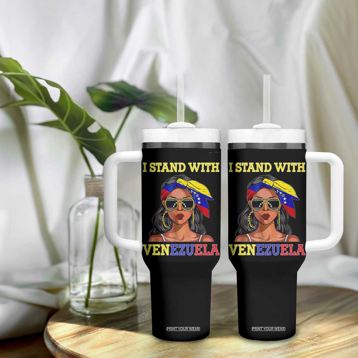 Stand With Venezuela Patriotic Tumbler With Handle Venezuelan Flag Empowering Afro Latina Messy Bun Bandana TS02 Print Your Wear