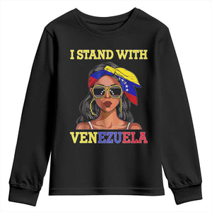 Stand With Venezuela Patriotic Youth Sweatshirt Venezuelan Flag Empowering Afro Latina Messy Bun Bandana TS02 Black Print Your Wear