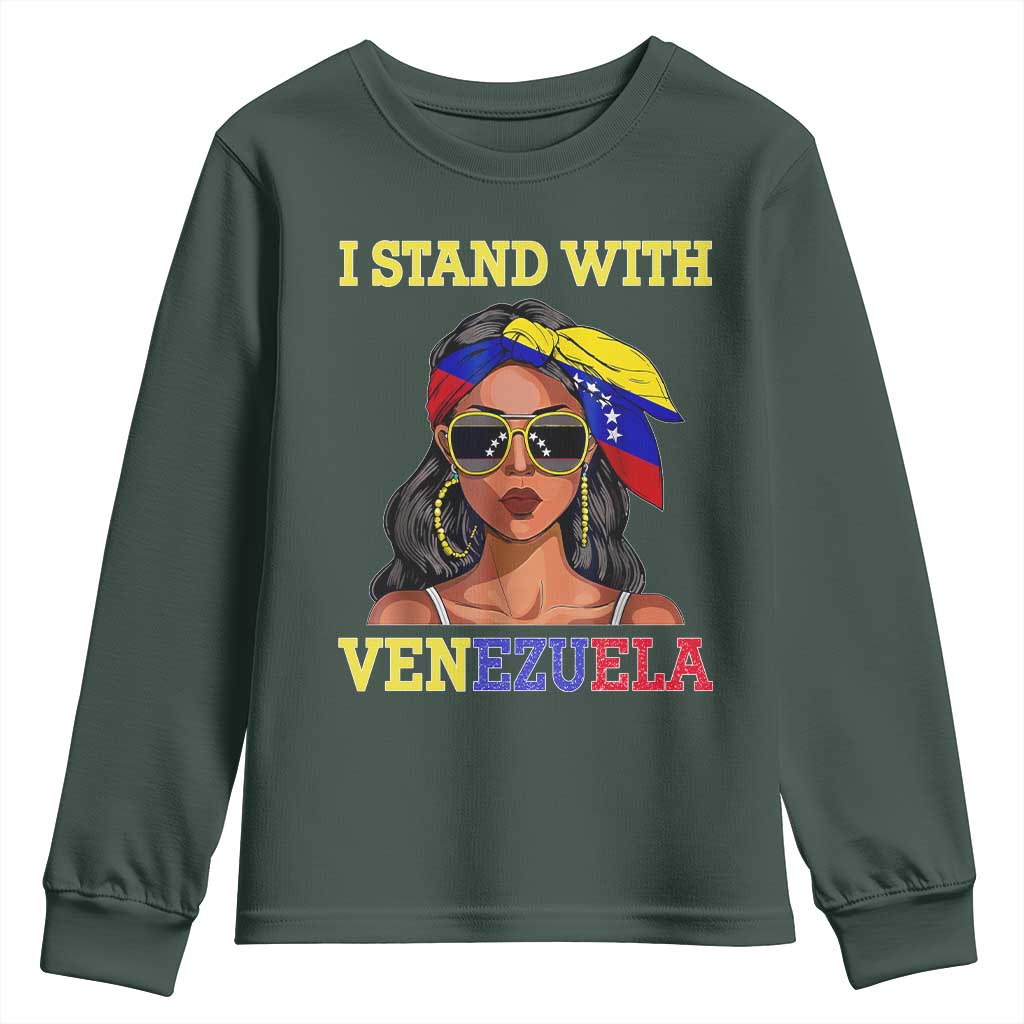 Stand With Venezuela Patriotic Youth Sweatshirt Venezuelan Flag Empowering Afro Latina Messy Bun Bandana TS02 Dark Forest Green Print Your Wear