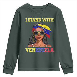 Stand With Venezuela Patriotic Youth Sweatshirt Venezuelan Flag Empowering Afro Latina Messy Bun Bandana TS02 Dark Forest Green Print Your Wear