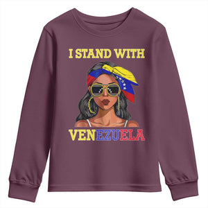 Stand With Venezuela Patriotic Youth Sweatshirt Venezuelan Flag Empowering Afro Latina Messy Bun Bandana TS02 Maroon Print Your Wear