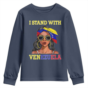 Stand With Venezuela Patriotic Youth Sweatshirt Venezuelan Flag Empowering Afro Latina Messy Bun Bandana TS02 Navy Print Your Wear