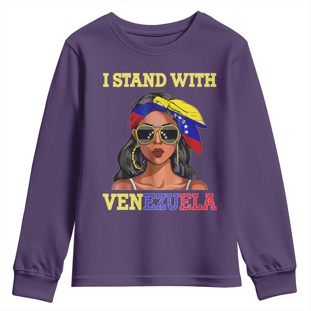Stand With Venezuela Patriotic Youth Sweatshirt Venezuelan Flag Empowering Afro Latina Messy Bun Bandana TS02 Purple Print Your Wear