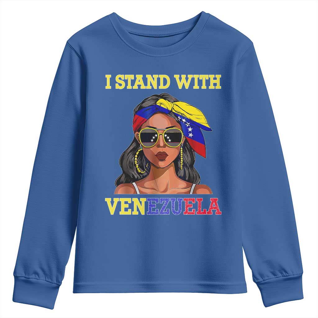 Stand With Venezuela Patriotic Youth Sweatshirt Venezuelan Flag Empowering Afro Latina Messy Bun Bandana TS02 Royal Blue Print Your Wear