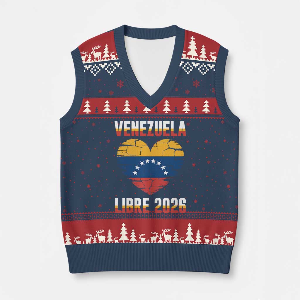 Venezuela Libre 2026 V-Neck Knit Sweater Vest Venezuelan Flag Heart Freedom and National Pride TS02 Navy Red Print Your Wear