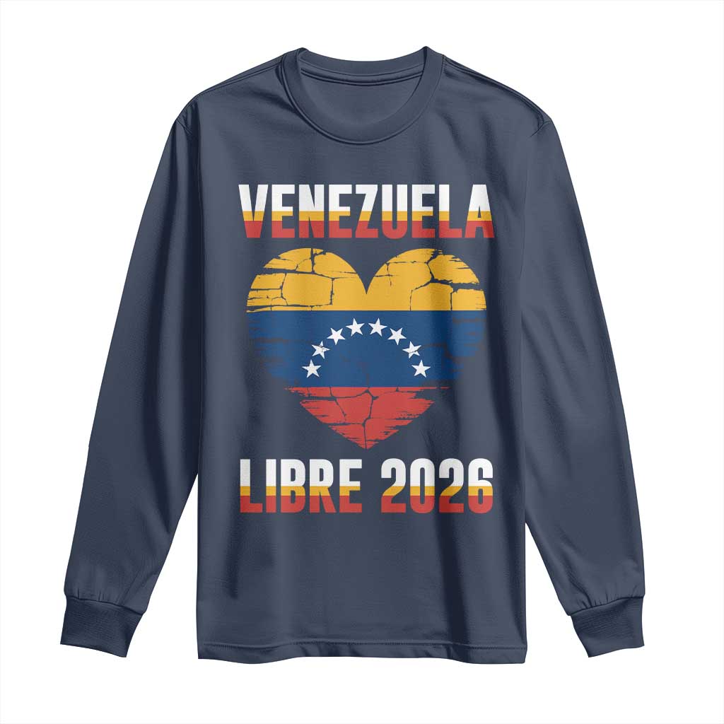 Venezuela Libre 2026 Long Sleeve Shirt Venezuelan Flag Heart Freedom and National Pride TS02 Navy Print Your Wear