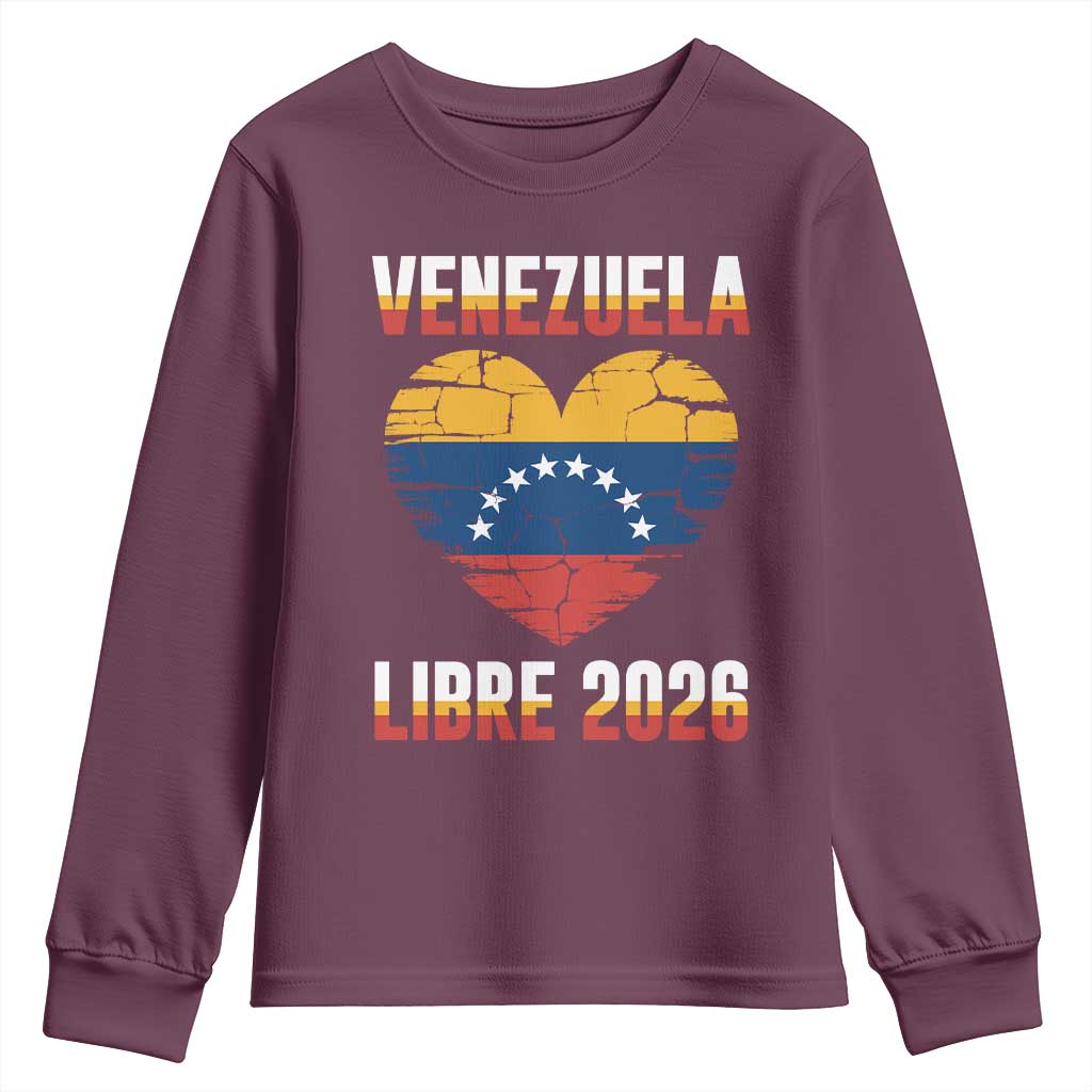 Venezuela Libre 2026 Youth Sweatshirt Venezuelan Flag Heart Freedom and National Pride TS02 Maroon Print Your Wear
