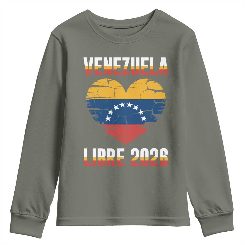 Venezuela Libre 2026 Youth Sweatshirt Venezuelan Flag Heart Freedom and National Pride TS02 Military Green Print Your Wear