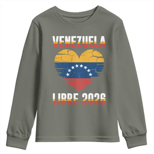 Venezuela Libre 2026 Youth Sweatshirt Venezuelan Flag Heart Freedom and National Pride TS02 Military Green Print Your Wear
