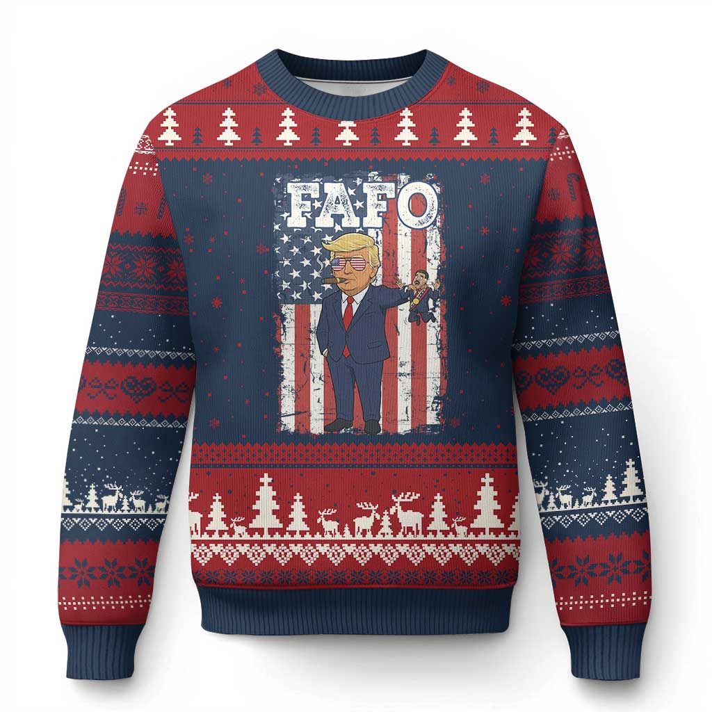 Funny Trump and Maduro Captured Cartoon Graphic Ugly Christmas Sweater American Flag Dictator Political Satire Meme TS02 Navy Red Print Your Wear