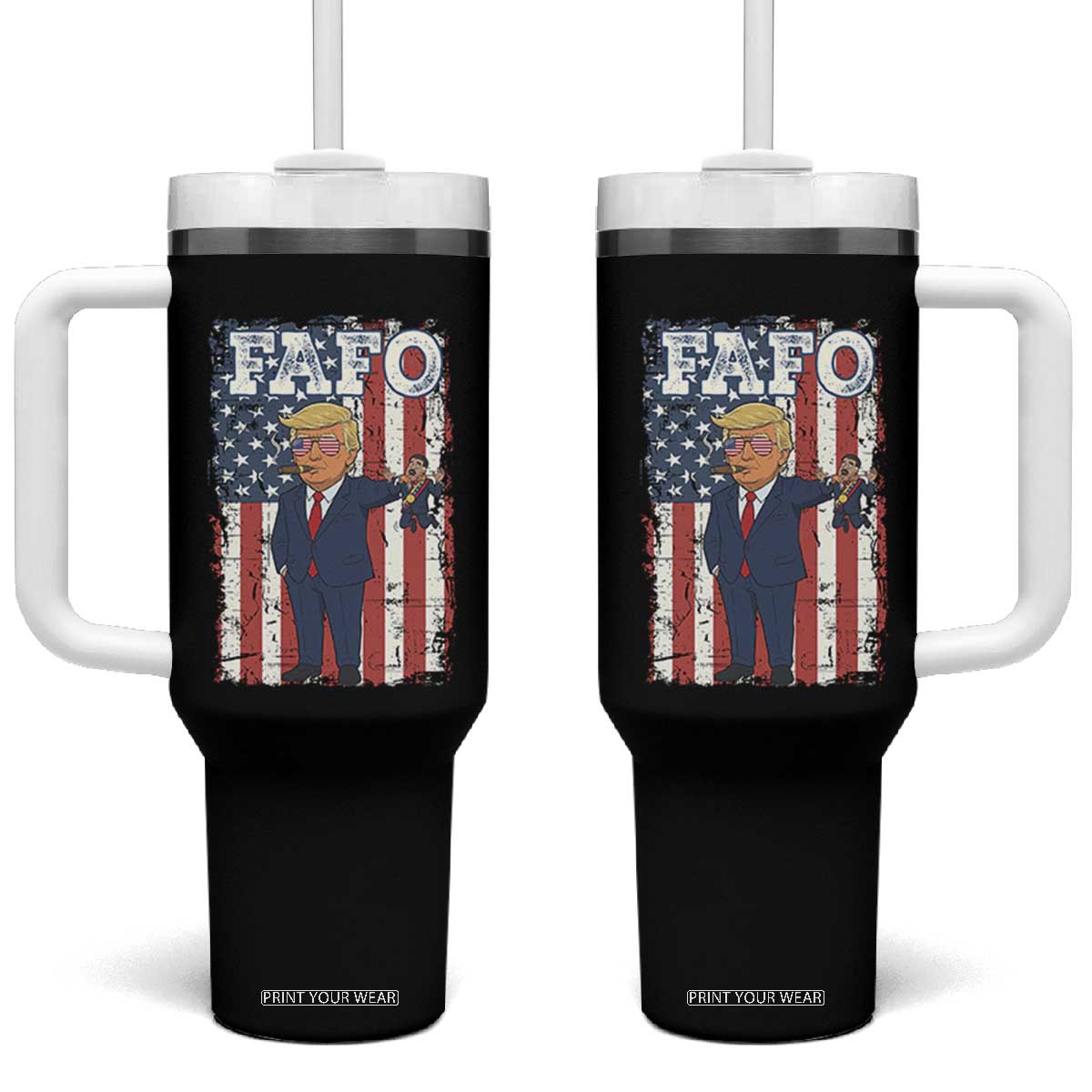 Funny Trump and Maduro Captured Cartoon Graphic Tumbler With Handle American Flag Dictator Political Satire Meme TS02 One Size: 40 oz Black Print Your Wear