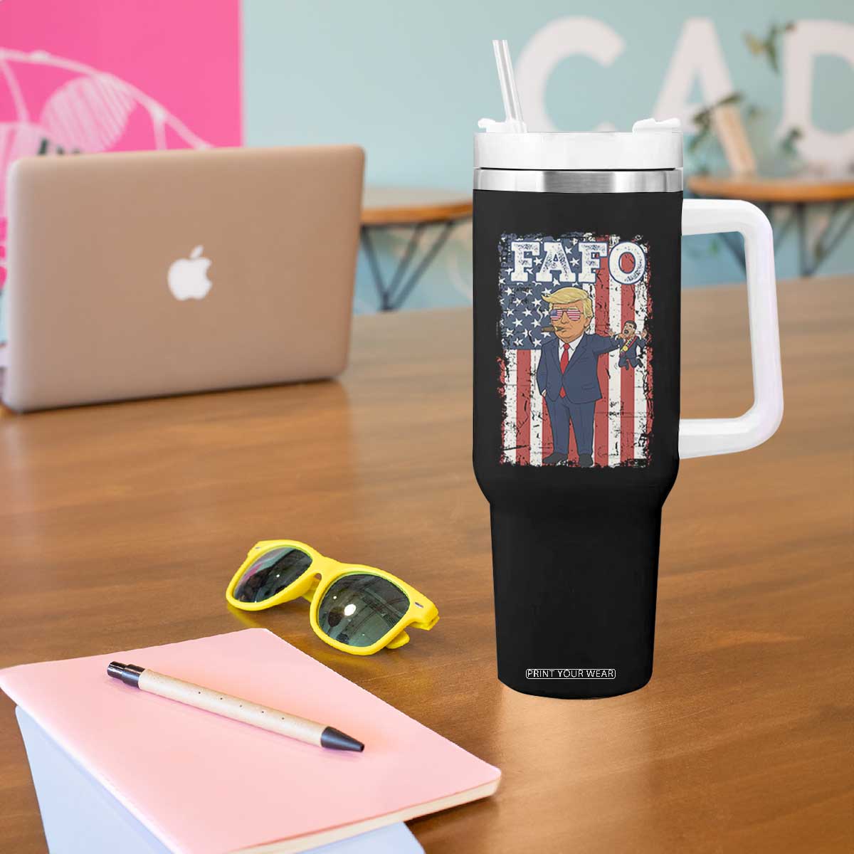 Funny Trump and Maduro Captured Cartoon Graphic Tumbler With Handle American Flag Dictator Political Satire Meme TS02 Print Your Wear