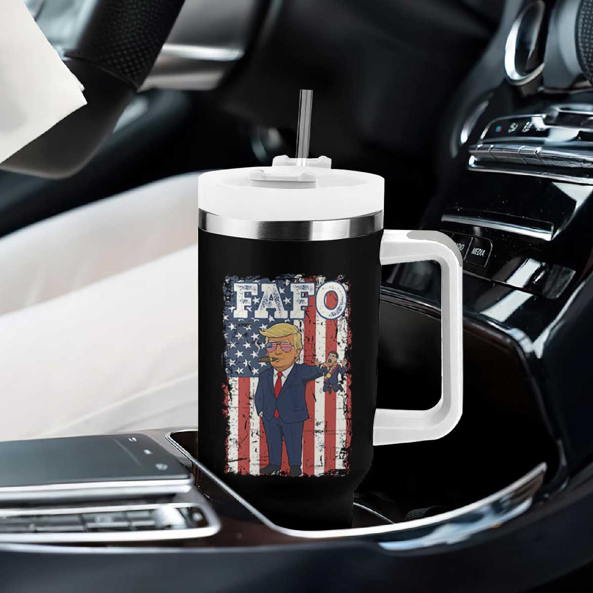 Funny Trump and Maduro Captured Cartoon Graphic Tumbler With Handle American Flag Dictator Political Satire Meme TS02 Print Your Wear