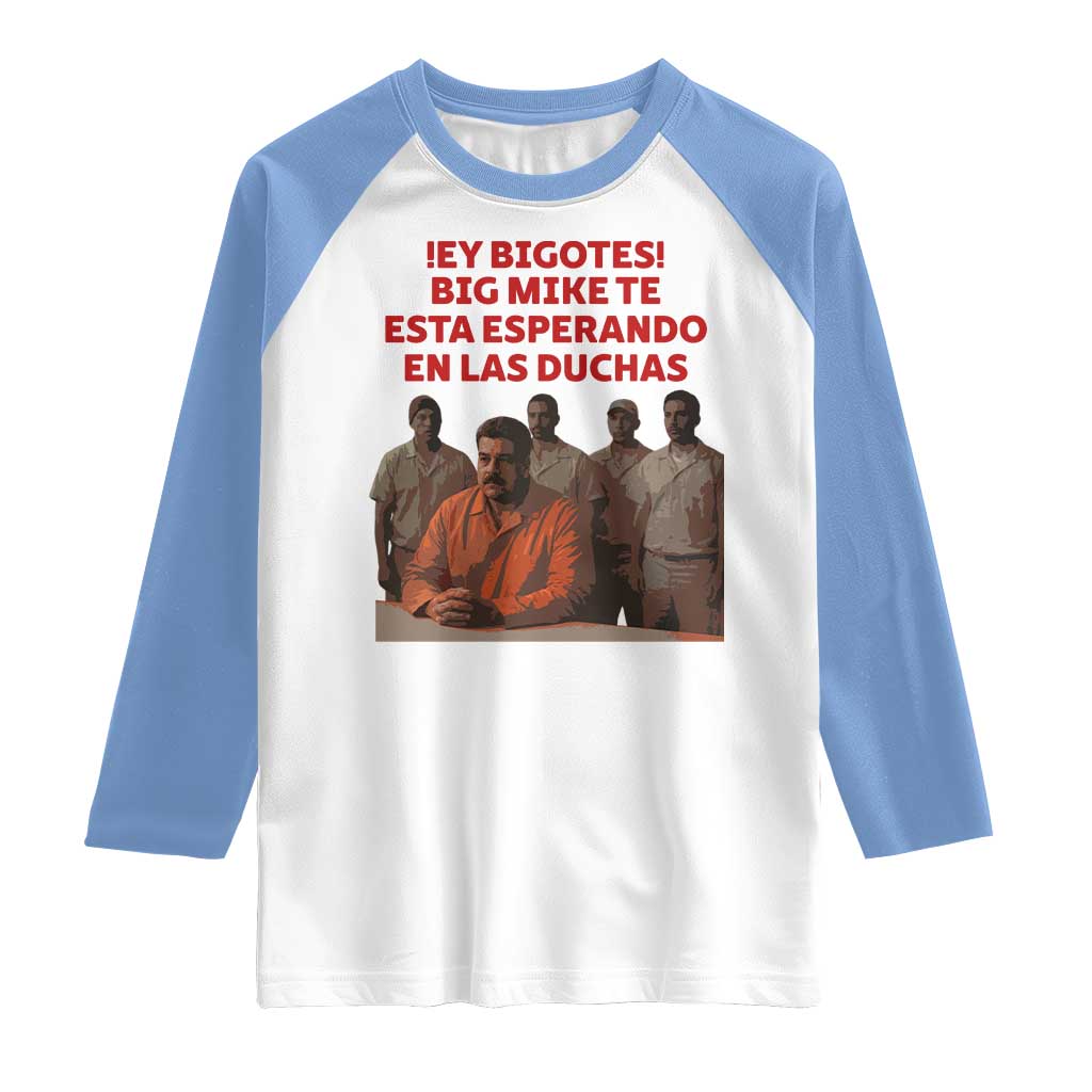 Maduro in Prison Meme Satire Raglan Shirt Spanish Political Politcal Sarcasm TS02 White Carolina Blue Print Your Wear