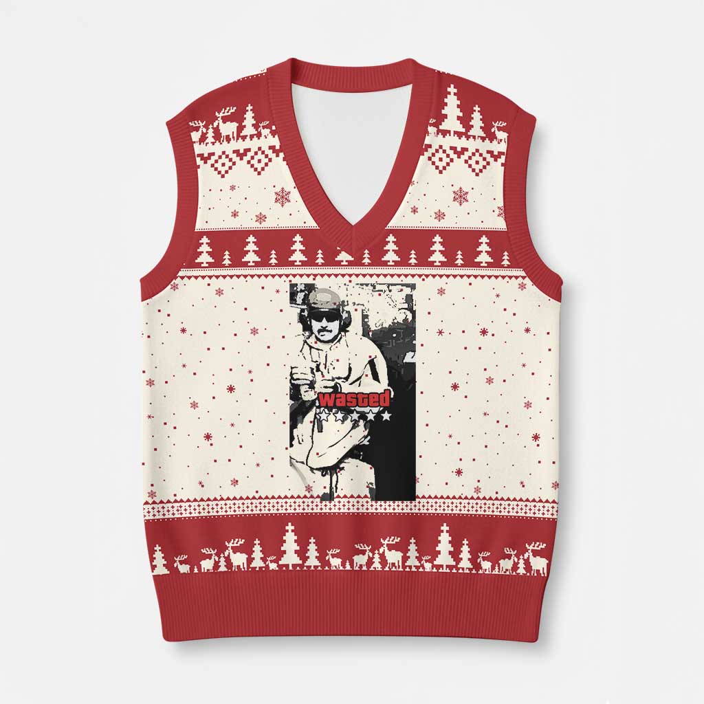 Wasted Maduro Meme V-Neck Knit Sweater Vest Dictators Downfall Political Satire GTA Style TS02 Beige Red Print Your Wear