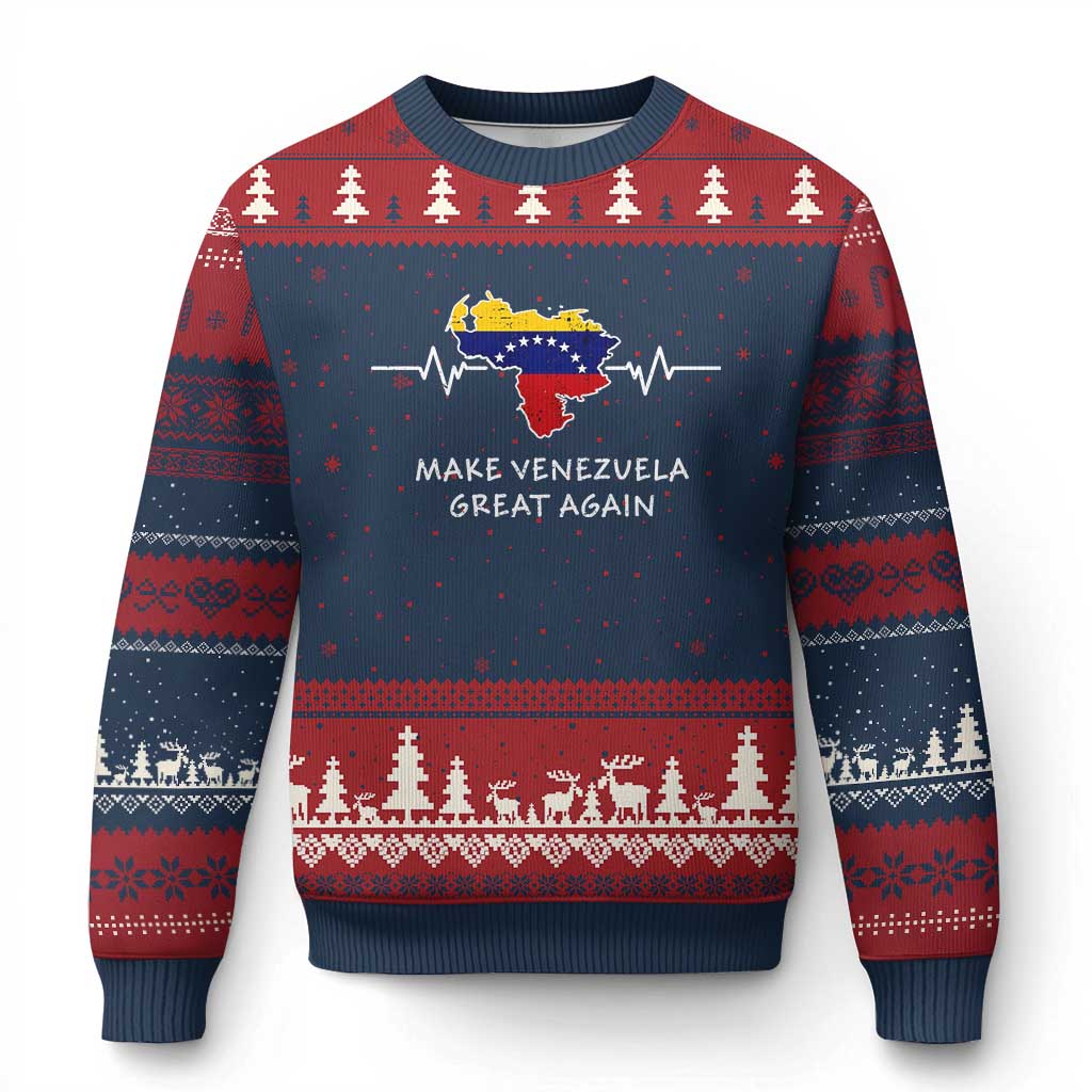 Make Venezuela Great Again Ugly Christmas Sweater Patriotic Support Heartbeat Distressed Map Graphic TS02 Navy Red Print Your Wear