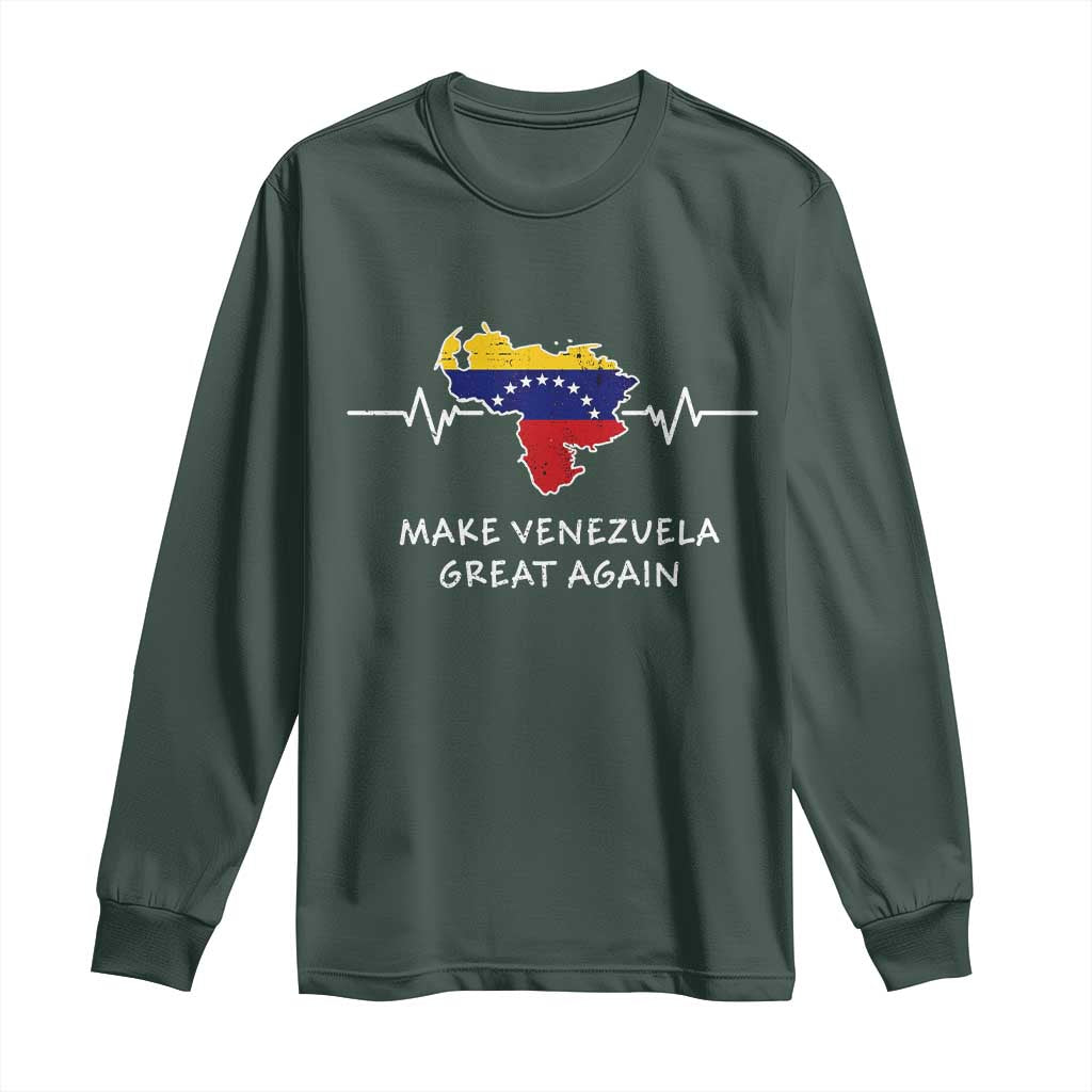 Make Venezuela Great Again Long Sleeve Shirt Patriotic Support Heartbeat Distressed Map Graphic TS02 Dark Forest Green Print Your Wear
