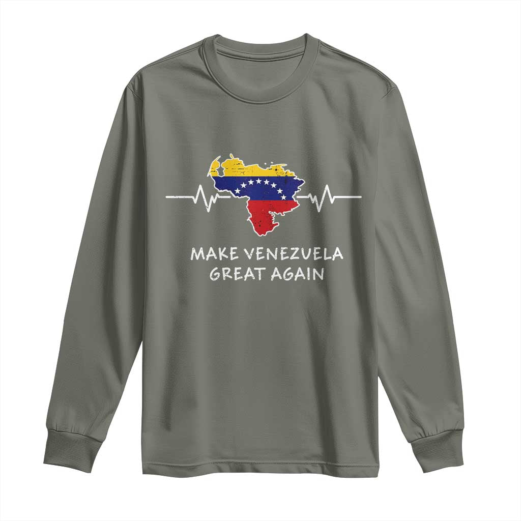 Make Venezuela Great Again Long Sleeve Shirt Patriotic Support Heartbeat Distressed Map Graphic TS02 Military Green Print Your Wear