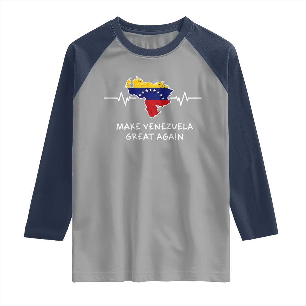 Make Venezuela Great Again Raglan Shirt Patriotic Support Heartbeat Distressed Map Graphic TS02 Sport Gray Navy Print Your Wear