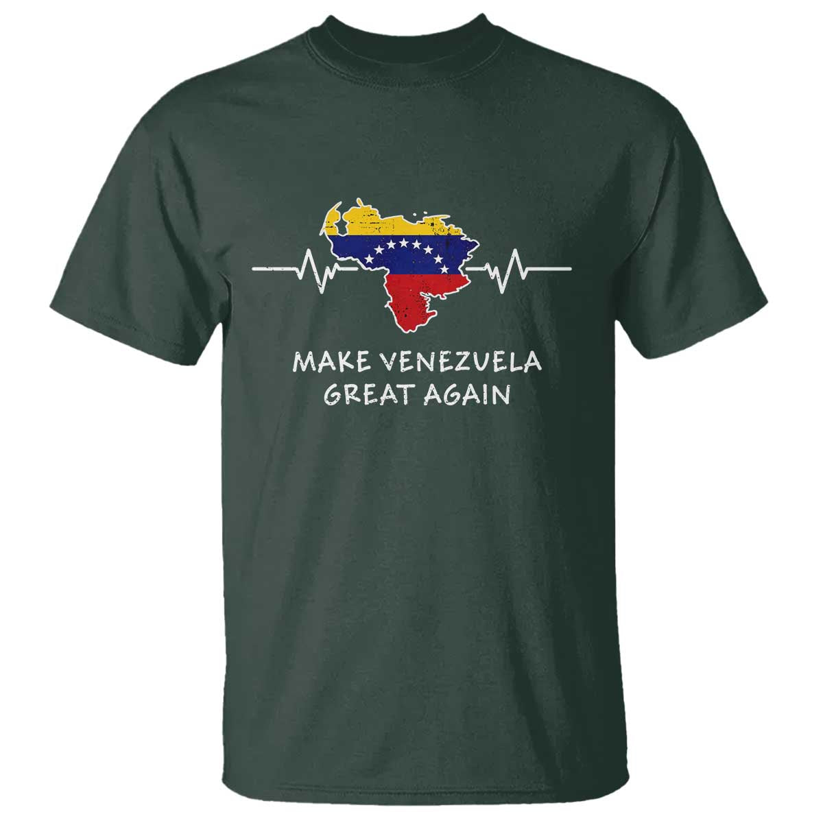 Make Venezuela Great Again T Shirt Patriotic Support Heartbeat Distressed Map Graphic TS02 Dark Forest Green Print Your Wear
