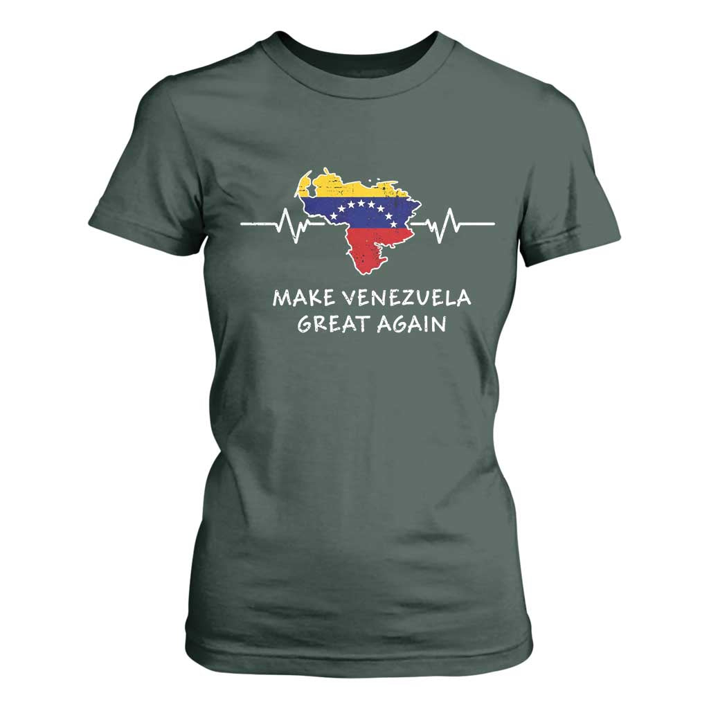 Make Venezuela Great Again T Shirt For Women Patriotic Support Heartbeat Distressed Map Graphic TS02 Dark Forest Green Print Your Wear