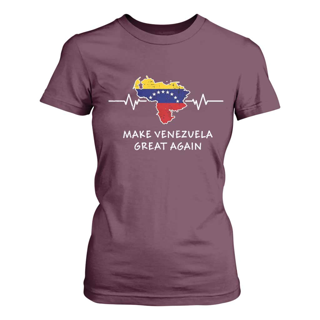 Make Venezuela Great Again T Shirt For Women Patriotic Support Heartbeat Distressed Map Graphic TS02 Maroon Print Your Wear