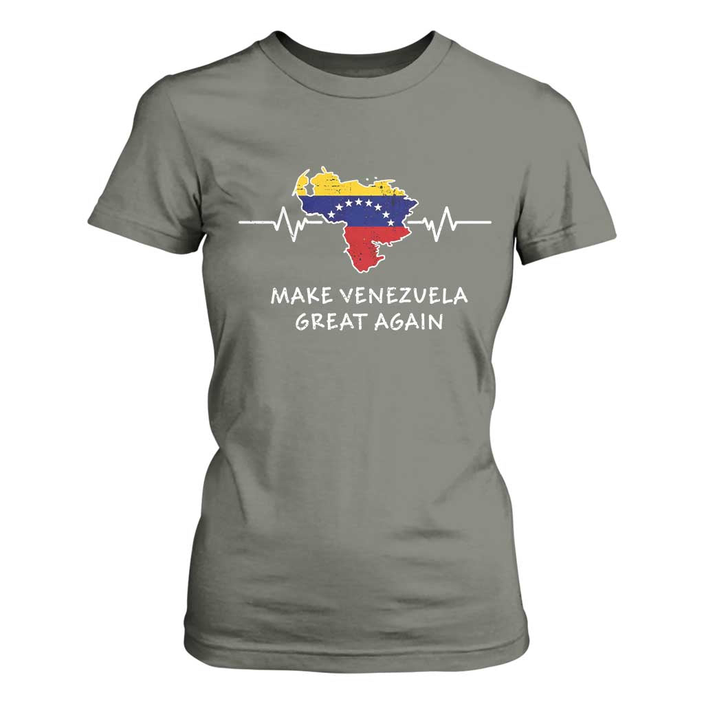 Make Venezuela Great Again T Shirt For Women Patriotic Support Heartbeat Distressed Map Graphic TS02 Military Green Print Your Wear