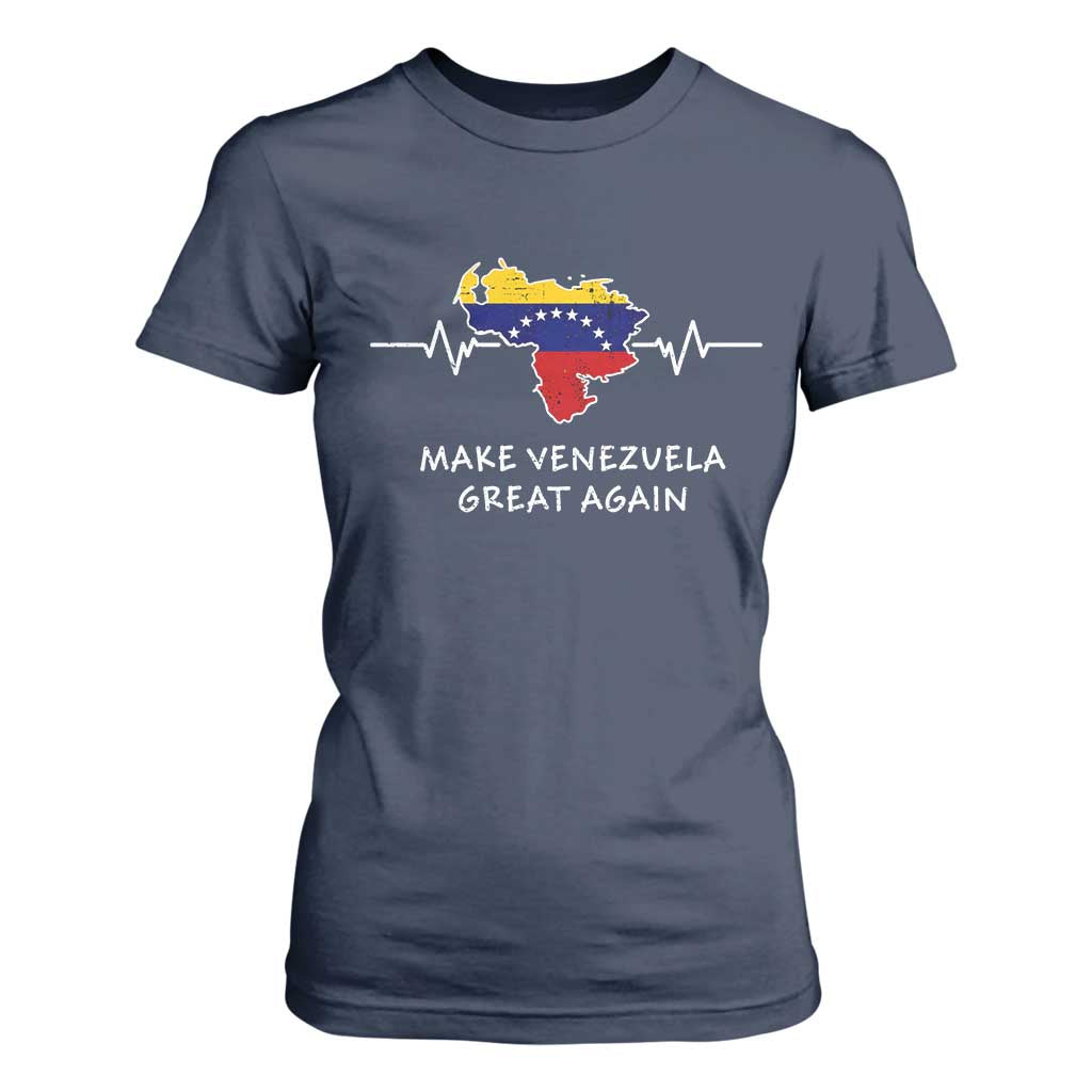 Make Venezuela Great Again T Shirt For Women Patriotic Support Heartbeat Distressed Map Graphic TS02 Navy Print Your Wear