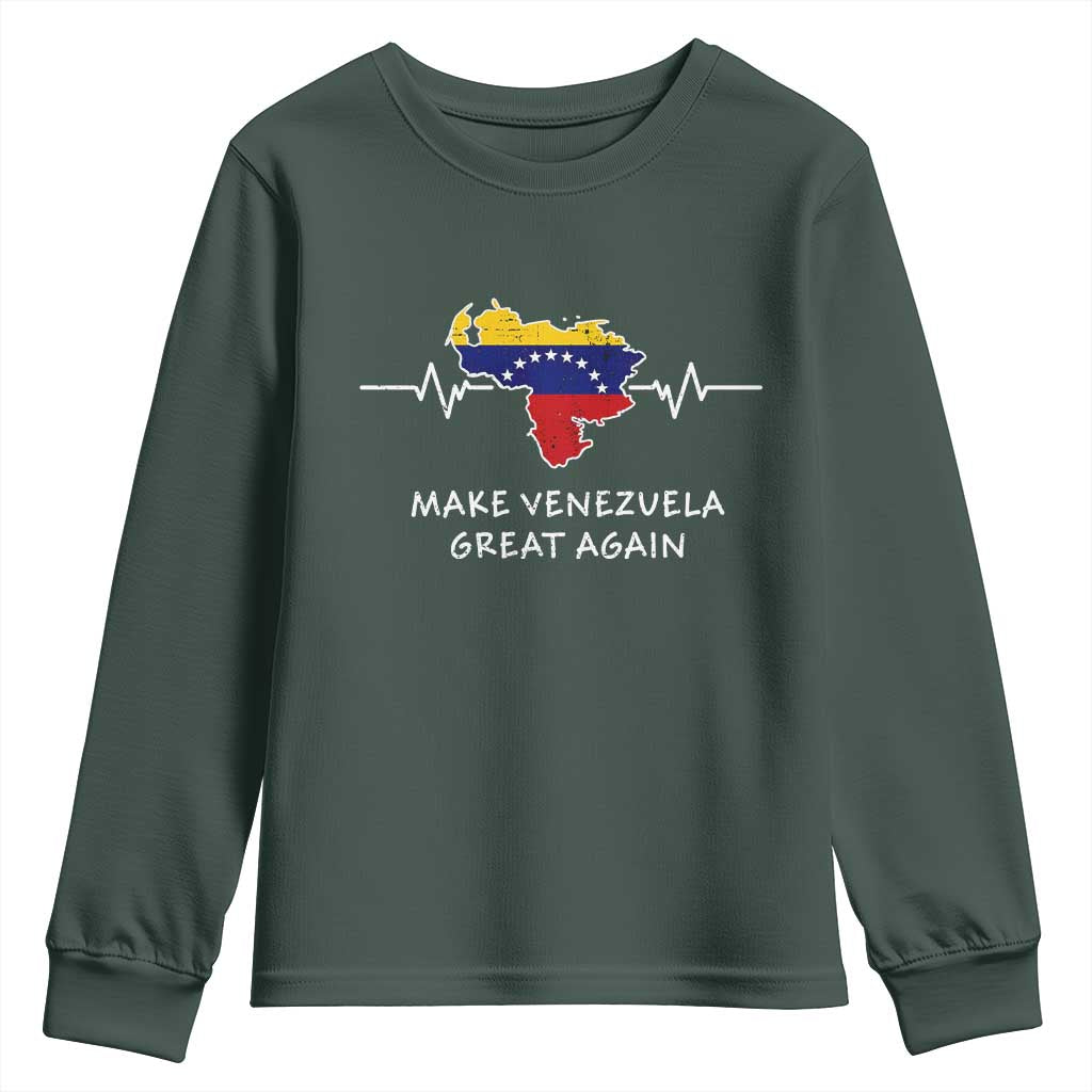Make Venezuela Great Again Youth Sweatshirt Patriotic Support Heartbeat Distressed Map Graphic TS02 Dark Forest Green Print Your Wear