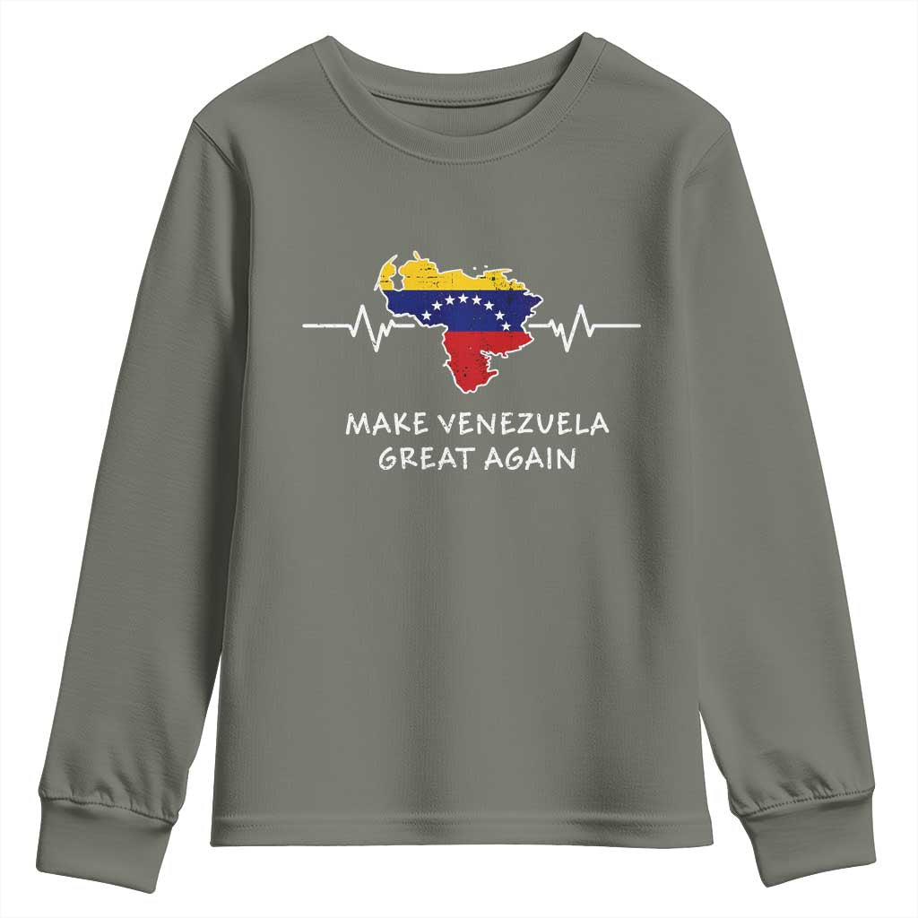 Make Venezuela Great Again Youth Sweatshirt Patriotic Support Heartbeat Distressed Map Graphic TS02 Military Green Print Your Wear