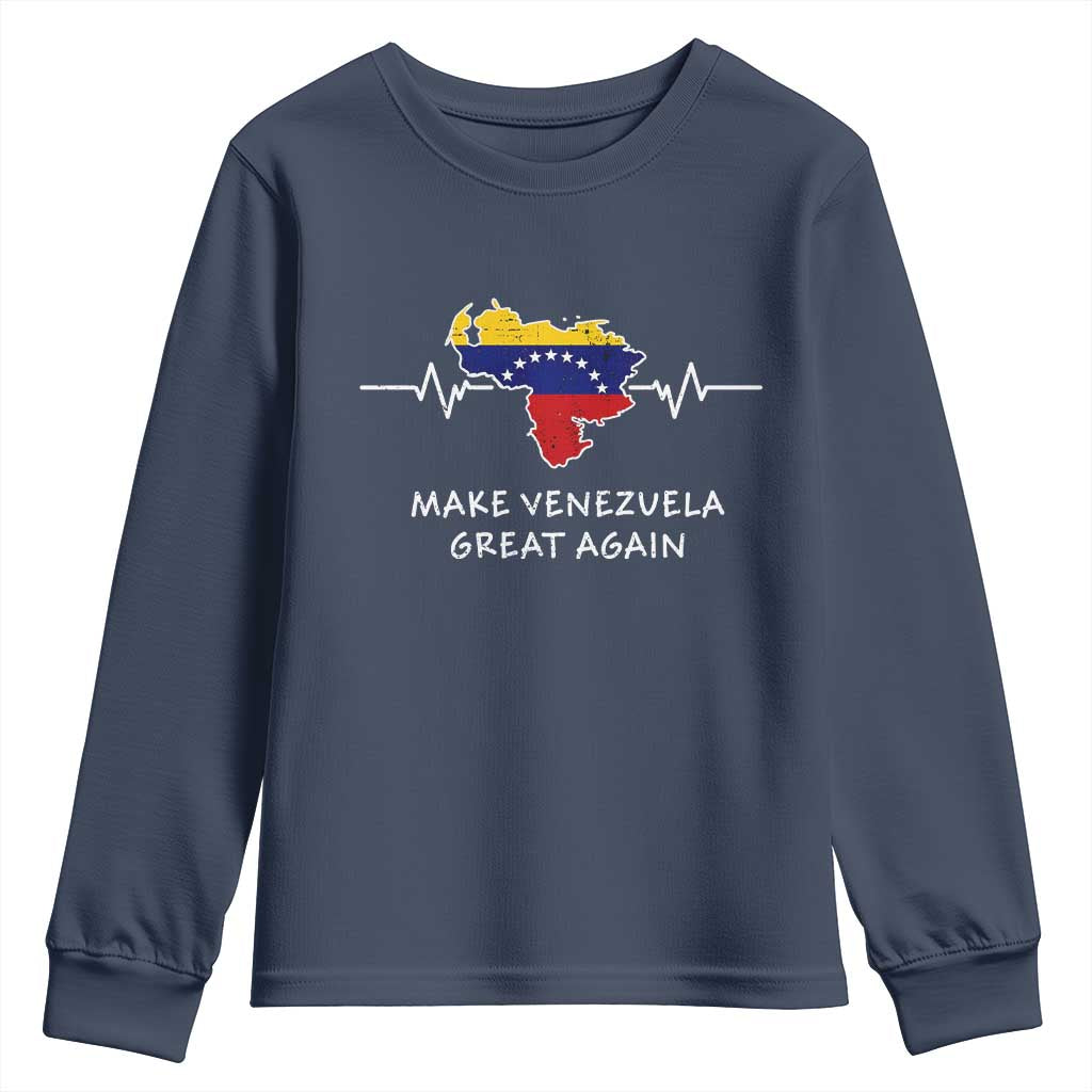 Make Venezuela Great Again Youth Sweatshirt Patriotic Support Heartbeat Distressed Map Graphic TS02 Navy Print Your Wear