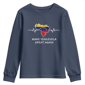 Make Venezuela Great Again Youth Sweatshirt Patriotic Support Heartbeat Distressed Map Graphic TS02 Navy Print Your Wear