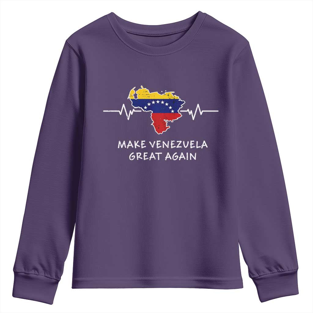 Make Venezuela Great Again Youth Sweatshirt Patriotic Support Heartbeat Distressed Map Graphic TS02 Purple Print Your Wear